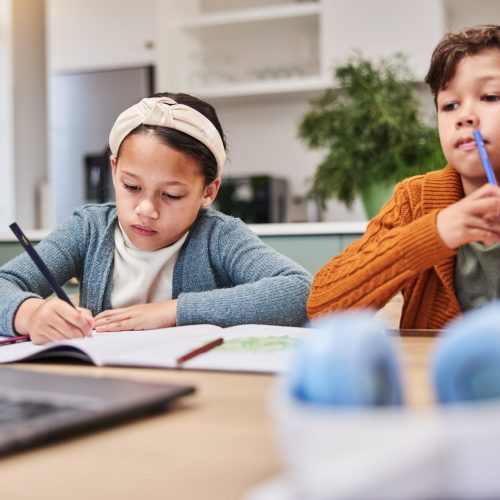 Boy, girl and laptop in house for online education, virtual classroom and homeschool for learning k.